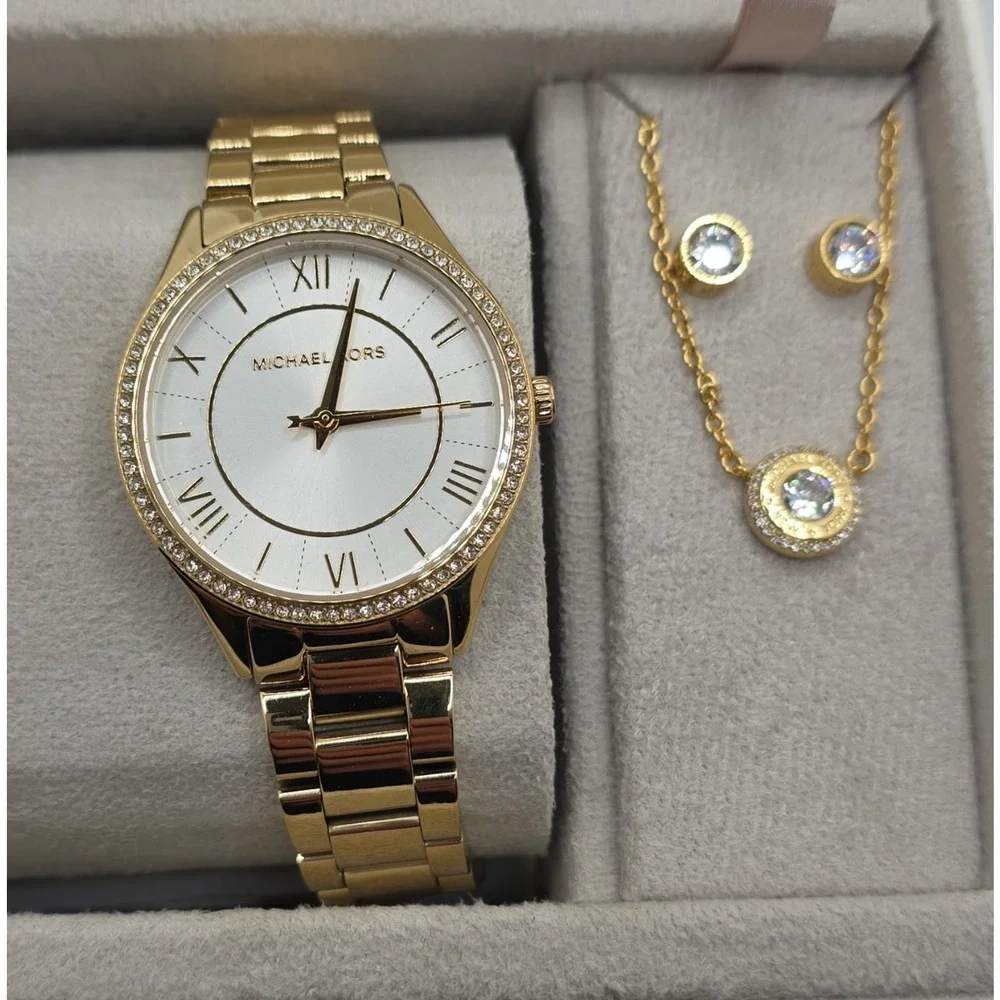 Michael Kors Lauryn Stainless Steel Quartz Watch Earrings and Necklace Gift Set